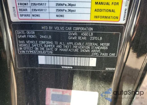 2009 Volvo C70 T5 z USA, uszkodzony, nr VIN YV1MC67249J071318